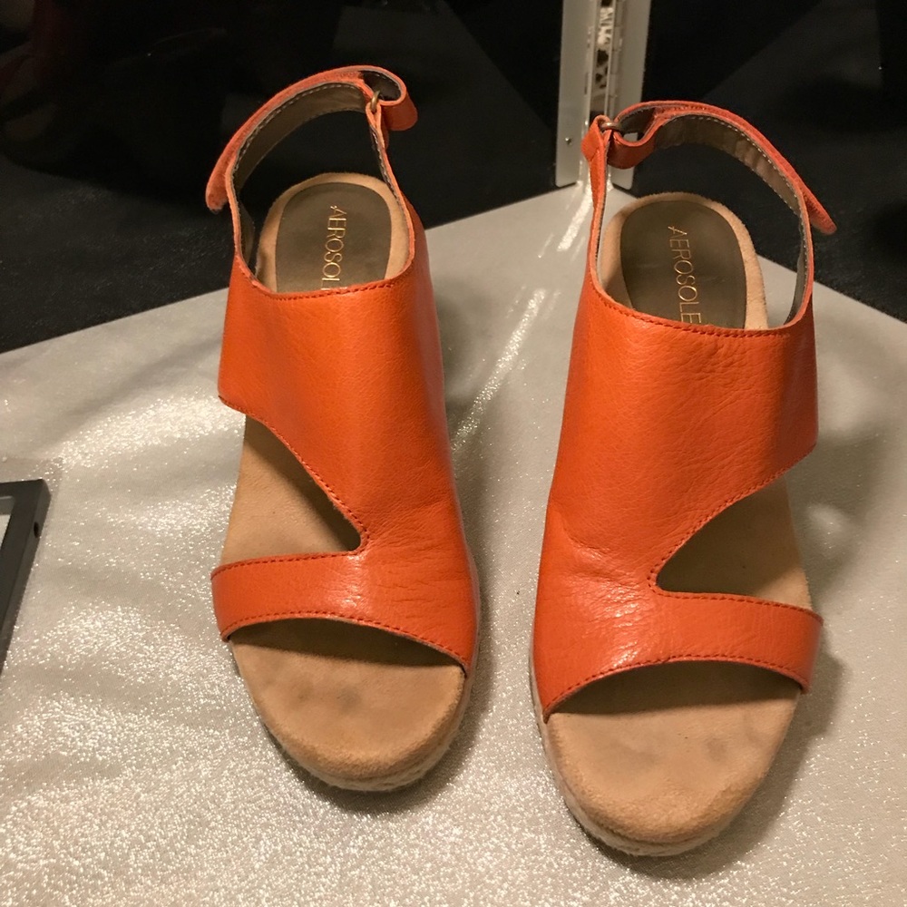 Aerosole, Orange Peephole Leather Wedge Sandals